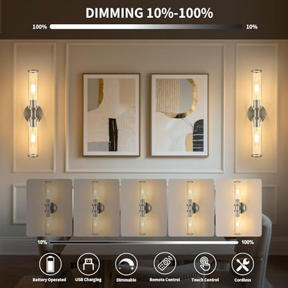 Rayogale Nickel Wireless Battery Operated Wall Sconces with Remote Control | Glass Rechargeable Wall Lights Set of 2 with Timer Function Dimmable for Living Room Bedroom Emergency 3000K, 20.5 Inch - color: Nickel(Clear Tubular Lampshade)