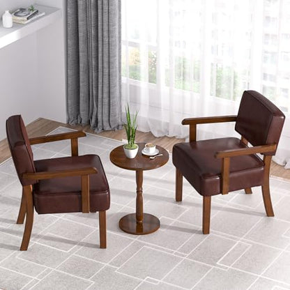 Accent Chairs Set of 2, 2 Solid Wood Armchairs with Table | Faux Leather Chair with Soft Thicken Cushion, Comfy Reading Chair for Bedroom, Waiting Room, Home Office, Easy Assembly - color: Faux Leather Cherry, size: Set of 2 with table
