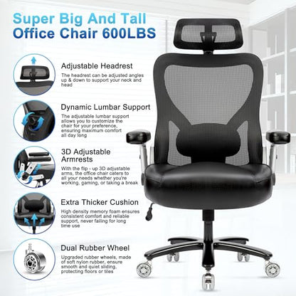Super Big and Tall Office Chair 700lbs- Heavy Duty Executive Computer Chair with Rubber Wheels 3D Flip Arms, Ergonomic Mesh High Back Desk Chair, Extra Wide Seat Adjustable Lumbar Support & Headrest - size: 700LBS