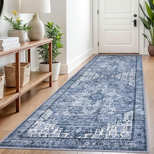 SIILOOM 3x8 Washable Runner Rug, Non Slip Soft Area Rug for Hallway Kitchen | Boho Vintage Spill & Stain Resistant Low Pile Carpet for Entryway Office Laundry Bedroom, Easy Clean - color: Blue White, size: 3' x 8' (Runner)