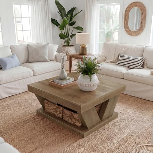 LITTLE TREE Coffee Table, Farmhouse Coffee Table with Large Storage Shelf, 2-Tier Rustic Wood Modern Center Table for Living Room, Home Office, Rustic Brown - color: Rustic Brown