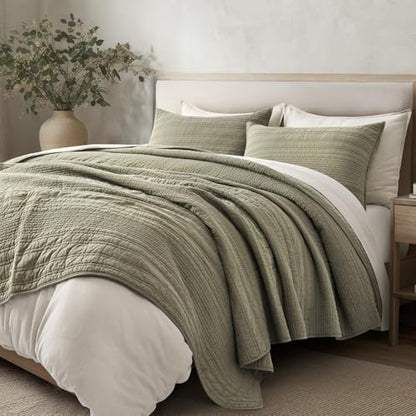 EVERGRACEHOME 100% Cotton Modern Lines Quilt Set Queen Size, Light Sage | Pre-Washed Soft Cotton, Striped Coverlet Bedspread, 3 Piece Lightweight Bedding Set for All Season, with 2 Pillow Shams - color: Light Sage, size: Full/Queen (92" X 92")