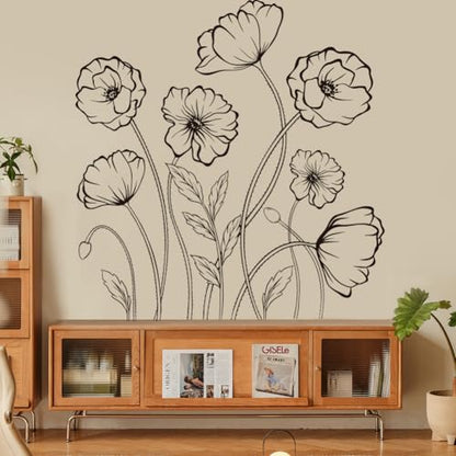 Black Flowers Wall Decals Simple Sketch Floral Wildflower Wall Stickers Large Boho Flowers Wallpaper Peel and Stick Wall Art Decal for Bedroom Living Room