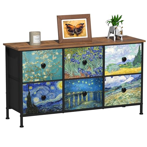 EXOTICA 6 Drawer Dresser for Bedroom Van Gogh Chest of Drawers Wide TV Stands Fabric Storage Drawer Unit for Living Room Entryway Closet Sturdy Steel Frame Wood Top - size: 39"D x 11.8"W x 21.7"H (6 Drawers)