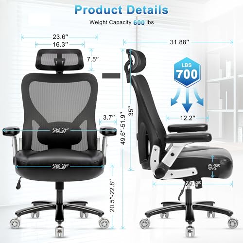 Super Big and Tall Office Chair 700lbs- Heavy Duty Executive Computer Chair with Rubber Wheels 3D Flip Arms, Ergonomic Mesh High Back Desk Chair, Extra Wide Seat Adjustable Lumbar Support & Headrest - size: 700LBS