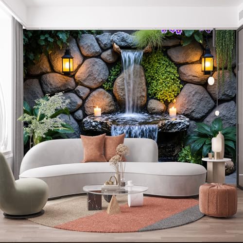 Custom Size Wall Murals, Serene Backyard Water Feature Rustic Stone Wall Lanterns, Self-Adhesive Removable Wall Covering Fabric, Large Photo Wallpaper for Living Room Bedroom Kitchen Office Kids