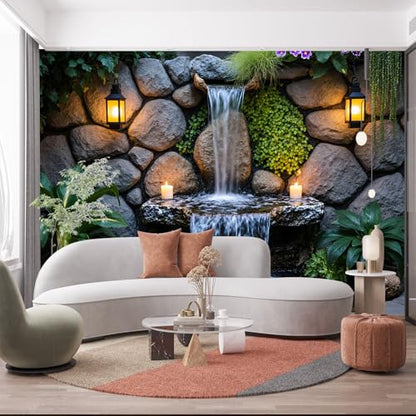 Custom Size Wall Murals, Serene Backyard Water Feature Rustic Stone Wall Lanterns, Self-Adhesive Removable Wall Covering Fabric, Large Photo Wallpaper for Living Room Bedroom Kitchen Office Kids
