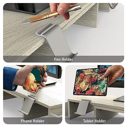 Simple Houseware Desk Dual Monitor Stand Riser with Drawer, Maple | Customizable Organizer Tray, Built-In Phone & Tablet Slot and Side Storage - color: Maple