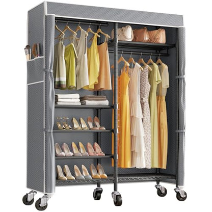 VIPEK R4C Rolling Clothes Rack with Cover, Portable Garment Rack on Wheels | Grey Zippered Polyester Cover, 360° Movable Wheels, Heavy Duty Clothing Rack with 6 Metal Wire Shelves, Max Load 620 lbs - color: Black Rack with Grey Cover, style: R4C
