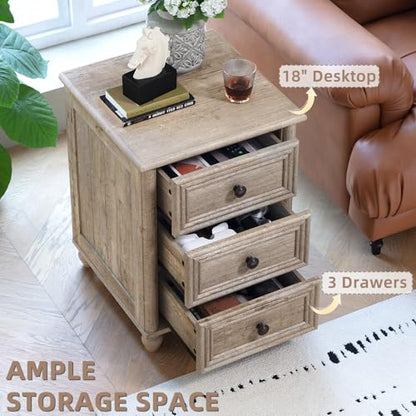RWYHG 18" Night Stand with 3 Drawers, Farmhouse Modern Nightstand | Grey Bedside Table, Open Storage Shelf, Solid Wood Legs, Bed Side End Tables for Bedroom Living Room - color: Gray Oak, style: 3 Drawers