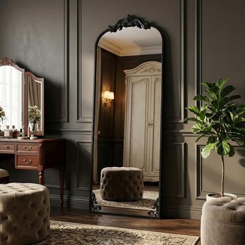 HARRITPURE 64"x21" Vintage Full Length Mirror, Arched Standing Mirror | Baroque Carved Floor Mirror with Metal Frame for Bedroom, Living Room & Entryway, Black - color: Black, size: 64"L x 21"W