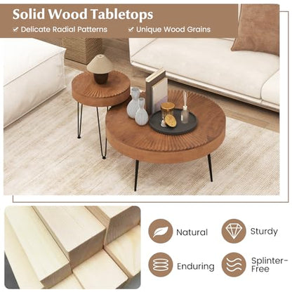 Giantex Boho Round Coffee Table Set of 2, Sofa Side Nesting Table with Solid Pine Wood Top, Metal Legs & Adjustable Foot Pads, 31.5" D Large Table Set for Living Room (Radial Pattern, Brown) - color: Brown, style: Radial Pattern