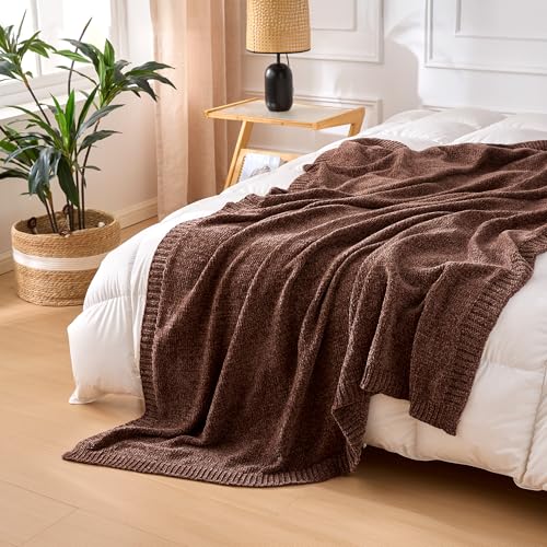 Amazon Basics Chunky Chenille Knit Throw Blanket for Couch, Bed and Sofa, Soft and Warm Lightweight Jersey, 60"×80", Brown - color: Brown, size: 60×80in.