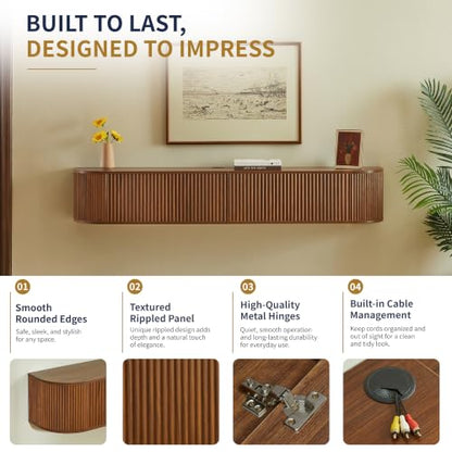 LUMISOL 71” Wall Mounted Floating TV Cabinet with Fluted Doors, Media Console with Cable Management Holes for Living Room, Bedroom, Walnut - size: 70.87"L x 12.6"W x 11.81"H