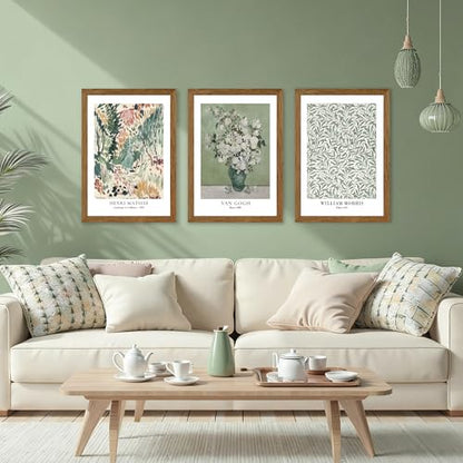 JLTULT Matisse Wall Art Set of 3, Solid Wood Framed Canvas, 16 x 24 Inches | Sage botanical prints by Matisse, Van Gogh and William Morris on fade-resistant canvas with ready-to-hang solid wood frames - color: Matisse, size: 24"L x 16"W