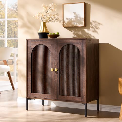 IFGET 34" Tall Modern Arched Sideboard Buffet Cabinet with Storage, Brown | Fluted Arch Sideboard Cabinet w/Adjustable Shelves, Wooden Modular Kitchen Cabinet for Dining& Living Room, Entryway - color: Brown, size: 1 Piece