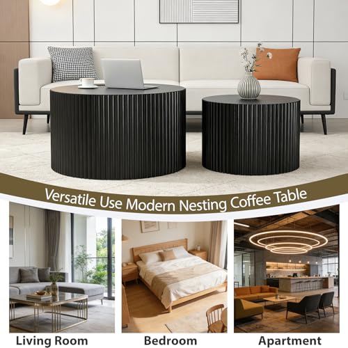 Round Nesting Coffee Table Set of 2, Black | Mid Century Modern Fluted End Table Set,Small Circle Wooden Side Table Drum Table for Living Room Bedroom Apartment - color: Black 27.5"