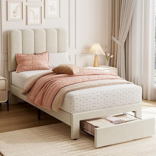 GarveeHome Twin Bed Frame, Platform Bed with Headboard & Drawer for Kids | Upholstered Bed Frame, Easy Assembly, Wooden Slats Support, No Box Spring Needed, Velvet White - color: Velvet White, size: Twin
