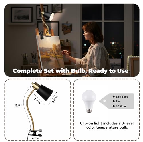 Desk lamp Eye-Caring Table Lamps, 360°Rotation Gooseneck Clip on Lamp Reading Light, Portable Reading Book Light, Clamp Light, Study Desk Lamps for Bedroom and Office Home Lighting (Black and Gold) - color: Black and Gold