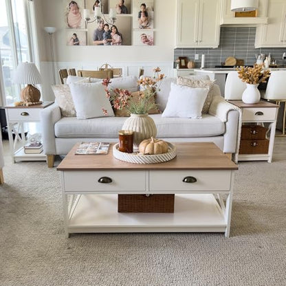 PHI VILLA End Table Living Room Set of 2, White Bedside Table with Drawers | Wood Side Table with Drawer, Farmhouse Bed Side Tables Living Room, Rustic Nightstand for Bedroom, Small Couch Table - color: Ivory 1