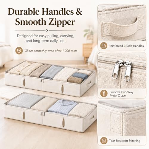 Side-Supported Under Bed Storage Containers, 6 Inches Tall 60L Underbed Storage Bins with Sturdy Handles and Sidewalls, Closet Organizer for Clothes, Blankets, Seasonal Items, Beige, 2-Pack | Underbed Storage Bin with Sturdy Handles and Sidewalls, Closet