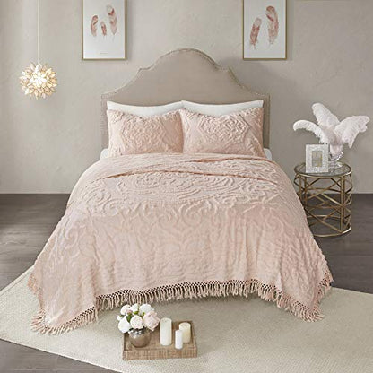 Madison Park Laetitia Lightweight 100% Cotton Quilt Set, Breathable Chenille Tufted, Shabby Chic Boho Medallion Design, Sham, Floral Blush w/ Tassels, Full/Queen (90 in x 90 in) 3 Piece | Lightweight Bedding Set, Shabby Chic, Boho, Medallion, Floral, Mach