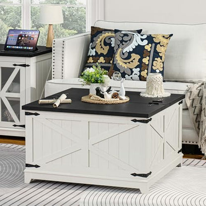 Joaxswe Farmhouse Coffee Table with Hidden Storage Compartment, Antique Black & White Square Large Center Table for Living Room, Wood Rustic Wide Coffee Tables with Hinged Lifting Tabletop for Home - color: White, style: With Legs