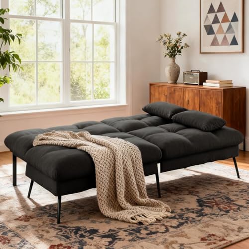 COMHOMA 72″ Convertible Futon Sofa Bed, Adjustable Backrest, Black | Breathable Fabric Futon Couch with Pillows,Multi-angle Ergonomic Reclining,Space-saving Sleeper Sofa for Living Room - color: Black