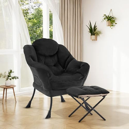Lazy Chair with Ottoman, Modern Accent Lounge Chair with Side Pocket and Armrests, Cozy Reading Armchair with Footrest, Upholstered Sofa Chair for Small Spaces, Bedroom Living Room, Black - color: Black