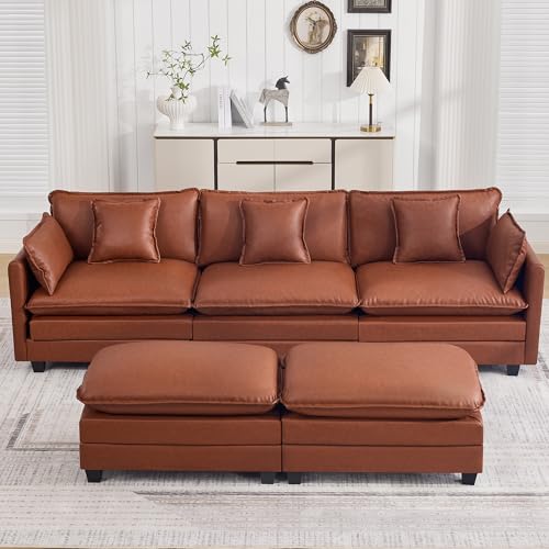 111'' Sectional Cloud Deep Seat Couch, Oversized Leather U Shaped Sectional Sofa for Living Room Set, Comfy Upholstered Modular 5-Seats Sectional Sofa Couch with 2 Movable Ottoman, Leather Brown - color: Pu-dark Brown, size: 111'' U Shape
