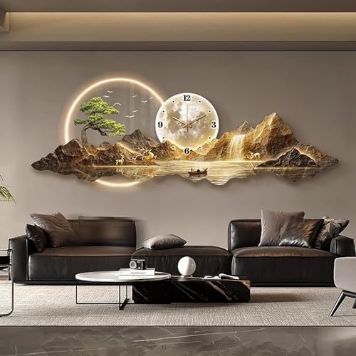 3D Wall Art Clock Decor with LED Light,Plug-in Power Illuminated Mountain Landscape Wall Decorative,Modern Wall Art for Bedroom, Living Room, Apartment, Office(A,40 * 120cm) - color: A, size: 40*120cm