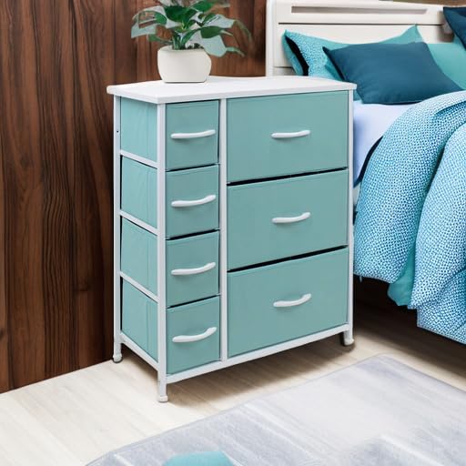 Sorbus Dresser with 7 Drawers - Furniture Storage Chest for Kid’s, Teens, Bedroom, Nursery, Playroom, Clothes, Toys - Steel Frame, Wood Top, Tie-dye Fabric Bins (7-Drawer, Pastel Aqua) - color: Pastel Aqua