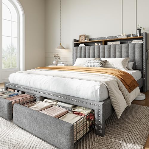 EnHomee Bed Frame Queen Size with 2 Drawer & 2-Tier Storage Headboard Shelf | 2 side pockets, Under-Bed space, Fabric upholstered, 1000lbs for bedroom apartment, Noise-Free, Easy Assembly, Grey - color: Grey, size: Queen