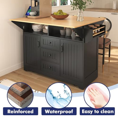 Rolling Kitchen Island with 2 Drop Leaf and Power Outlet, Island Table on Wheels with Towel Rack and Spice Rack, Kitchen Cart with Storage Cabinet and Drawers (Black) - color: Black