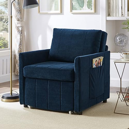 Pull Out Sofa Bed for Living Room, 31.5" Upholstered Convertible Sleeper Sofa, 3-in-1 Convertible Sleeper Chair with 5-Position Adjustable Backrest, Side Pockets and a Storage Basket (Blue/352) - color: Blue/352