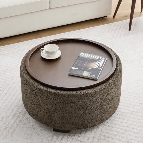 Zihanhome 30" Round Chenille Storage Ottoman Coffee Table with Removable Tray Top, Large Hidden Storage Ottoman, Solid Wood Legs for Living Room, Bedroom, Apartment (Dark Brown) - color: Dark Brown
