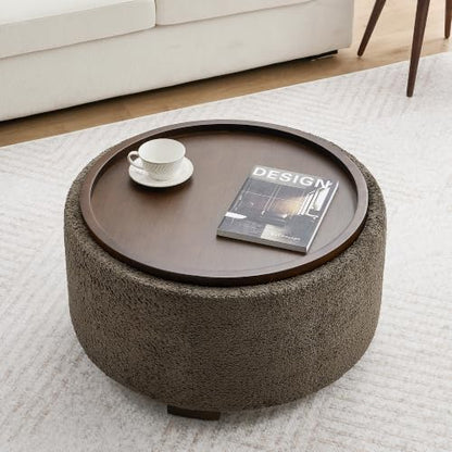 Zihanhome 30" Round Chenille Storage Ottoman Coffee Table with Removable Tray Top, Large Hidden Storage Ottoman, Solid Wood Legs for Living Room, Bedroom, Apartment (Dark Brown) - color: Dark Brown