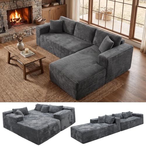 Boneless Couch Modular Sectional Sofa Cloud Couch | Oversized Deep-Seat Wide-Wale Corduroy L-Shaped Sectional Couch for Living Room, Apartment and Family Room - color: Grey 96'' Right Facing Chaise