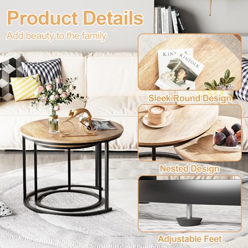 Nesting Coffee Table, 23.6" Round Coffee Table Set of 2, Wooden Nesting Table Set for with Metal Frame, Side Tables for Living Room Bedroom Balcony, Brown - color: Natural Brown