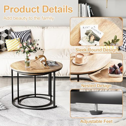 Nesting Coffee Table, 23.6" Round Coffee Table Set of 2, Wooden Nesting Table Set for with Metal Frame, Side Tables for Living Room Bedroom Balcony, Brown - color: Natural Brown