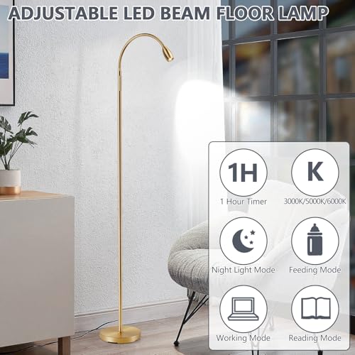 Reading Floor Lamp, 72" LED Dimmable Lamp with Gooseneck,Zoomable Spotlight | Adjustable Color Beam Standing Lamp, Touch & Remote Control, Task Craft, Sewing, Bedroom Living Room, Office, Antique Brass - color: Antique Brass