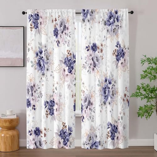 Floral Curtains 84 Inches Long for Living Room 2 Panels,Purple Flower Vintage Farmhouse Curtains Semi Sheer Light Filtering Pink Curtain for Bedroom,Rod Pocket Drapes Boho Curtain Room Decor - color: Purple Floral, size: 52"W x 84"L (Pack of 2)