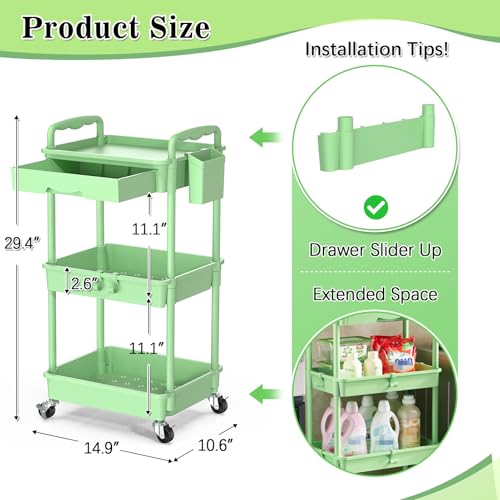 SUNALLY 3 Tier Rolling Cart with Drawer, Craft Storage Cart Organizer,Green | Bathroom Storage Organizer with 2 Lockable Wheels, Rolling Utility Cart for Kitchen, Office, Baby, Makeup, Nail,Snack,Laundry - color: Green, size: 3 Tier