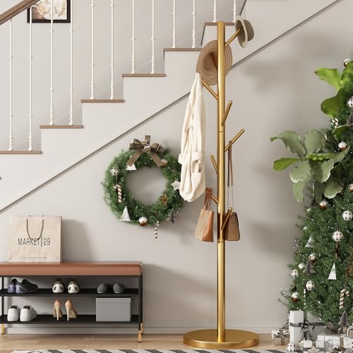 Coat Rack Freestanding Metal Coat Rack Stand with 8 Hooks,Gold | Sturdy Heavy Duty Modern Coats Tree for Bags Clothes Hall Tree Hats Hanger Holder Stand for Entryway Bedroom Hallway Office - color: Gold with 8 Hooks