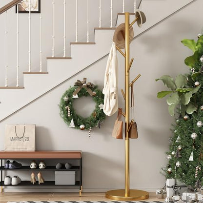 Coat Rack Freestanding Metal Coat Rack Stand with 8 Hooks,Gold | Sturdy Heavy Duty Modern Coats Tree for Bags Clothes Hall Tree Hats Hanger Holder Stand for Entryway Bedroom Hallway Office - color: Gold with 8 Hooks