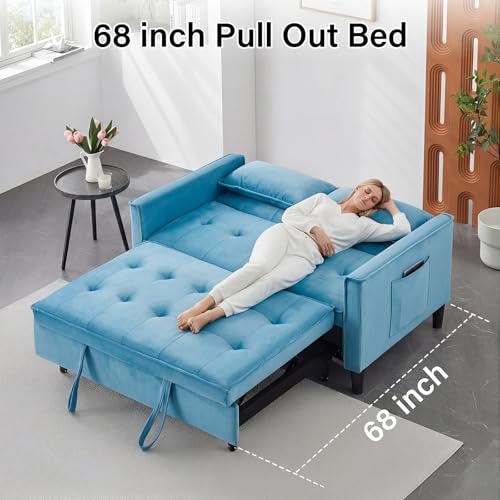 3 in 1 Convertible Sleeper Sofa Bed, Velvet Loveseat Futon Pull-Out Couch with Adjustable Reclining Backrest, Side Pockets and Pillows for Living Room,Bedroom Apartment Small Spaces (Sky Blue-Velvet) - color: Sky Blue-velvet
