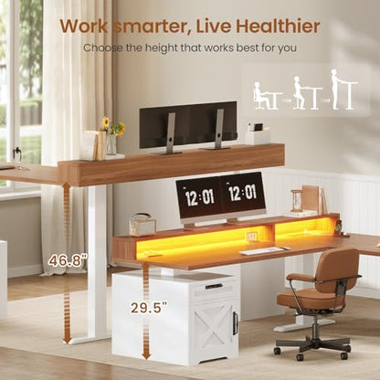 SEDETA Farmhouse L Shaped Standing Desk, 70.1" x 73.2" Height Adjustable Home Office Executive Desk with Drawers, Power Outlet, Monitor Stand, Sit Stand Table with Led Lights for Home Office, White - color: White