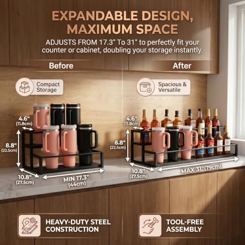 Expandable Coffee Syrup Organizer, 2-Tier Carbon Steel Stanley Cup Holder,Adjustable Water Bottle Organizer, Large Capacity Spice Racks & Wine Display Stand for Coffee Bar Kitchen Cabinet, Black