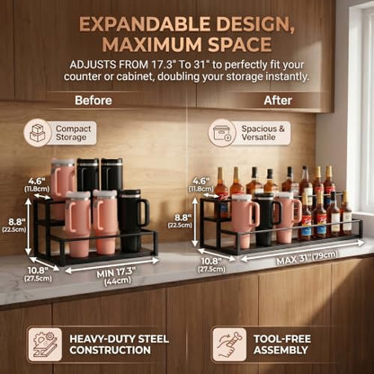 Expandable Coffee Syrup Organizer, 2-Tier Carbon Steel Stanley Cup Holder,Adjustable Water Bottle Organizer, Large Capacity Spice Racks & Wine Display Stand for Coffee Bar Kitchen Cabinet, Black