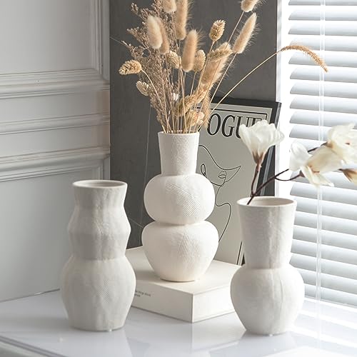 Ceramic Vases for Flowers, Matte White Ribbed Vase Set of 3, Decorative Vases for Pampas Grass, Modern Farmhouse Home Decor, Pottery for Centerpieces, Boho Vases - color: Ribbed Vase